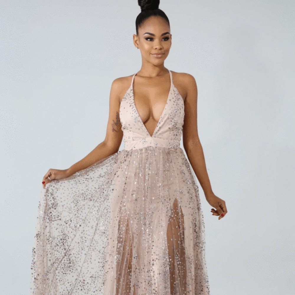 Special Occasion Glitter Star Detail Double Slit Maxi Dress